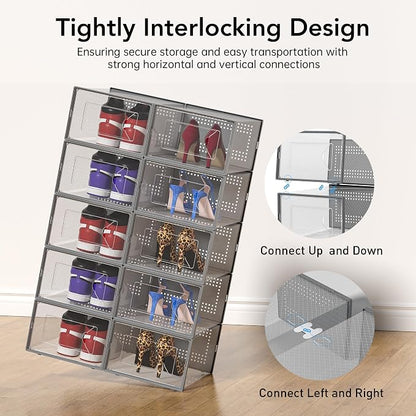 Foluck X-Large Shoe Storage Box, 15 Pack Clear Plastic Stackable Shoe Organizer for Closet, Interlocking Design Shoe Container Bins for Sneakers, Foldable Shoe Rack with Lids, Gray