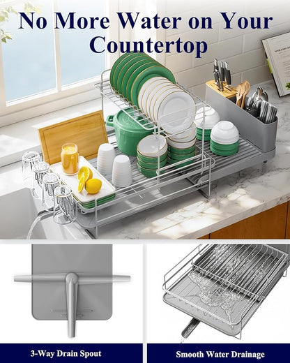 Kitsure Large Dish Drying Rack - Extendable Dish Rack, Multifunctional Dish Rack for Kitchen Counter, Anti-Rust Dish Drainers with Cutlery & Cup Holders 19.2"-26.7" L x 12.9" W x 13.6", Grey