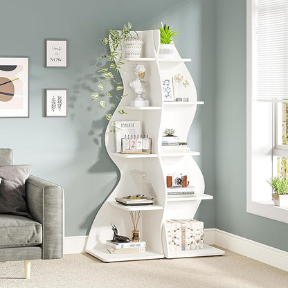 Tribesigns Corner Shelf, Modern 5-Tier Wall Corner Bookshelf, Stylish Corner Small Bookcase Storage Rack Plant Stand with Unique Shape for Living Room, Home Office (White, 1PC) | Stylish, Storage Rack, Plant Stand, Unique Shape, Living Room, Home Office