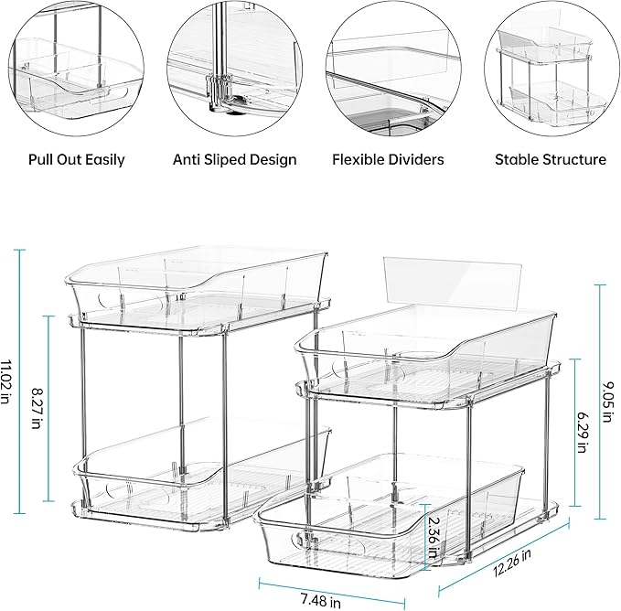 Delamu 2-Tier Under Sink Organizers and Storage, Multi-Purpose Stackable Bathroom Cabinet organizers, Pull Out Kitchen Pantry Organization and Storage with Dividers(2 Pack, Clear)