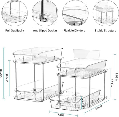 Delamu 2-Tier Under Sink Organizers and Storage, Multi-Purpose Stackable Bathroom Cabinet organizers, Pull Out Kitchen Pantry Organization and Storage with Dividers(2 Pack, Clear)