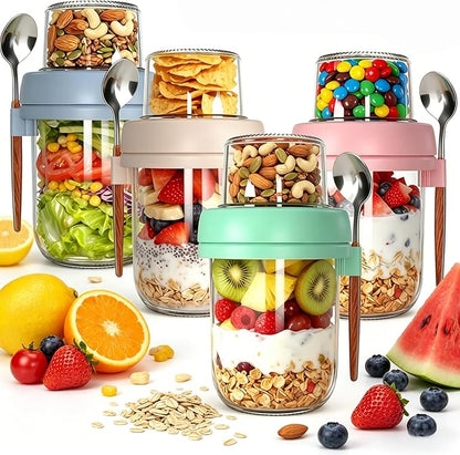 4 Pack Overnight Oats Containers with Lids and Spoons,16+4oz | Reusable Chia Pudding Jars with Dry and Wet Separation,Leak-Proof for Yogurt,Parfait Meal Prep, Dishwasher Safe