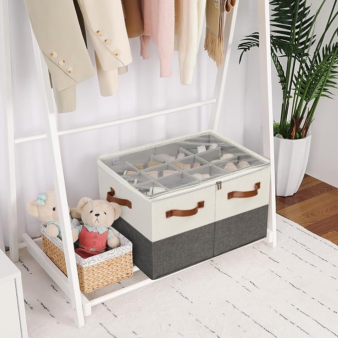 TOPIA HOME Shoe Organizer for Closet, Foldable Shoe Box with Adjustable Dividers and Clear Cover, Space Saving Shoe Storage Organizer Cabinet with Reinforced Handles, Fits 16 Pairs TP09WG