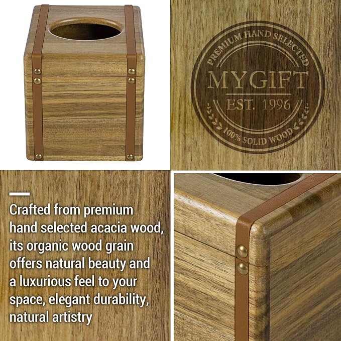 MyGift Premium Acacia Solid Wood Tissue Box Cover, Mid Century Style Square Bathroom Facial Tissue Box Dispenser Holder with Decorative Vintage Leatherette Straps