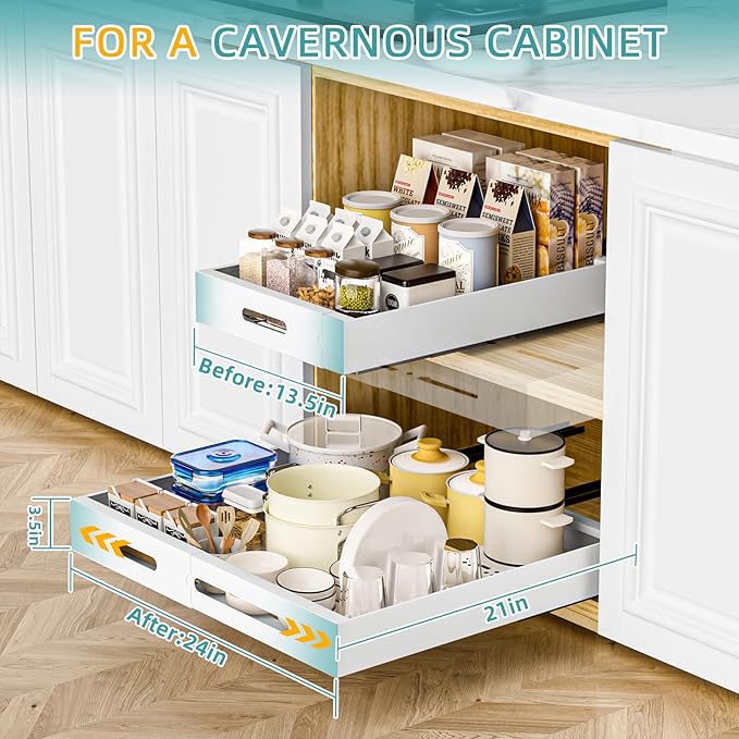 HBL' 2 Pack | 21" Deep Pull Out Cabinet Organizer Adhesive, (13.8" to 22.0") Width Expandable Sturdy Carbon Steel Roll-Out Drawers, Designed for Frameless Cabinets, Slide-Out Shelves for Pantry.