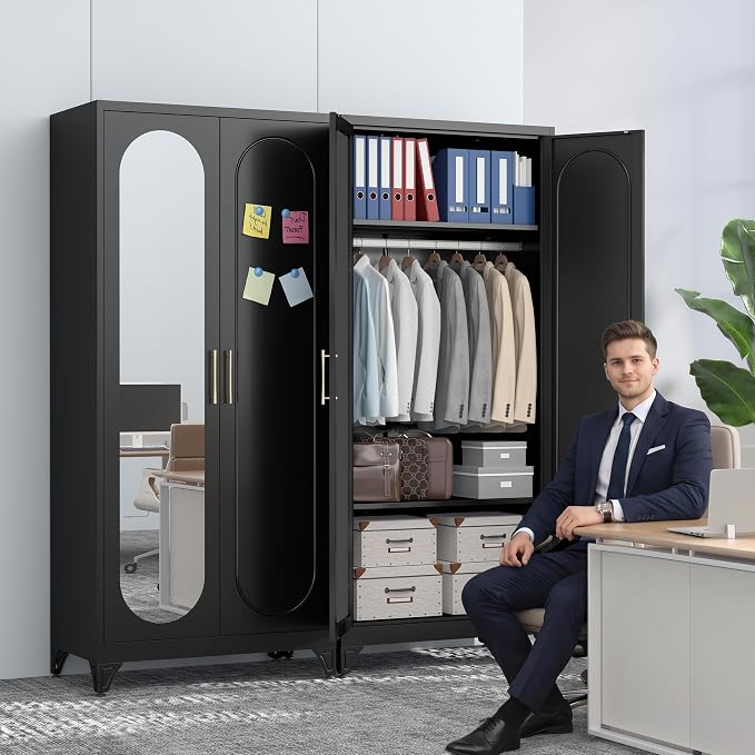 Polup Metal Armoire Wardrobe Closet with Mirror, 71" Tall Steel Clothing Storage Cabinet with Doors, Hanging Rod and Adjustable Shelves, Freestanding Clothes Organizer for Bedroom, Office, Black