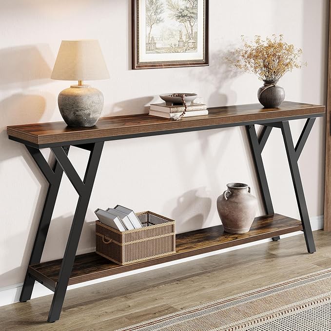 Tribesigns 70.9-Inch Narrow Long Entryway Console Table, Industrial Sofa Table Behind Couch with 2-Tier Storage Shelf for Hallway, Living Room, Entrance, Foyer, Rustic Brown