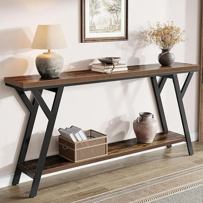Tribesigns 70.9-Inch Narrow Long Entryway Console Table, Industrial Sofa Table Behind Couch with 2-Tier Storage Shelf for Hallway, Living Room, Entrance, Foyer, Rustic Brown