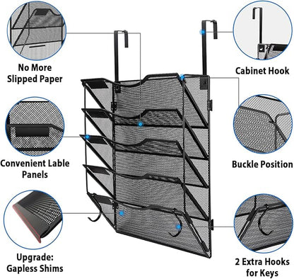 Wall File Organizer 5 Pockets, Mail Organizer, Hanging Folder Holder, Foldable | Hanging or Wall Mounted | Label Panel | 2 Hooks | Office Home School Organizer, Black