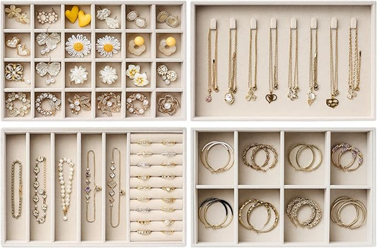 Velvet Jewelry Drawer Organizer Trays – Large Beige Stackable Jewelry Storage Inserts Set, 4-Layer Jewelry Tray Set for Earrings, Rings, Necklaces, Bracelets with Removable Dividers for Dresser,Vanity