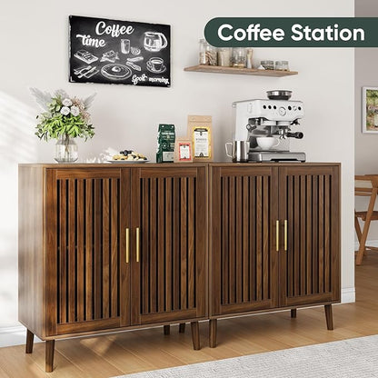 Sideboard Cabinet, 31.5" W Farmhouse Buffet Cabinet with Slatted Doors & Adjustable Shelf, Wood Coffee Bar Storage Station for Kitchen, Dining Room, Living Room, Entryway, Walnut Color