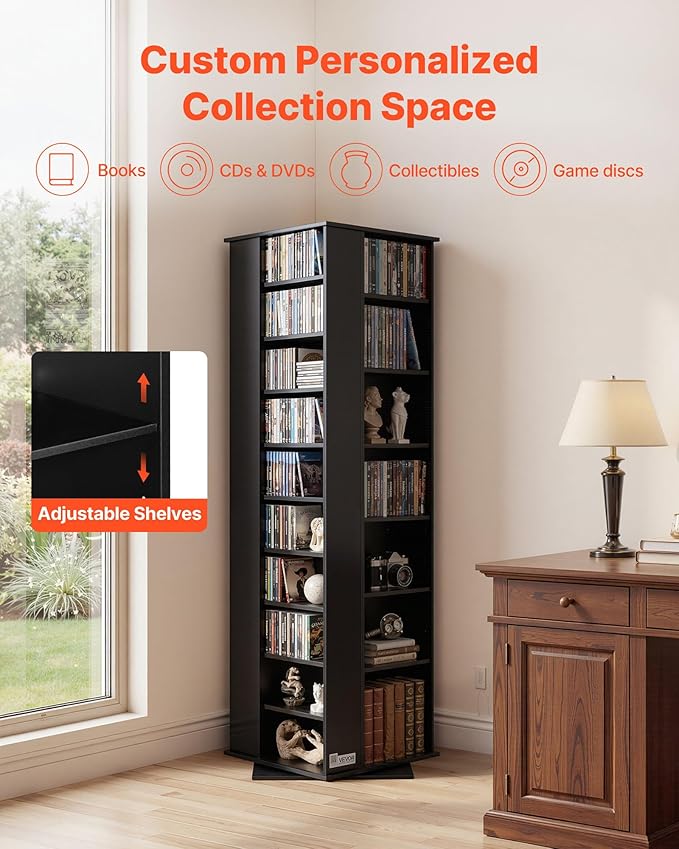 VEVOR Media Storage Cabinet, CD Rack Tower, 34 Compartments Rotating Media Tower Rack for CDs, DVDs, Books and Game Discs, DVD Stand for Living Room, Home Office and Recording Room, Black