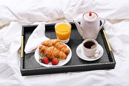 ATZYmolin 17" x 12" Wood Serving Tray with Gold Polished Metal Handles, Home Decorative Wooden Rectangle Ottoman Leather Decor Platter Bathroom Vanity Tray for All Occasions Alligator Black
