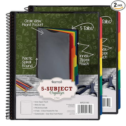 Samsill Spiral Folder Organizer (2-Pack)- 5 Dividers & 10 Pockets with Zipper Pouch, Multi Pocket Color Cordinated Folder Binder with Customizable Tabs, Document Organizer (Basic)