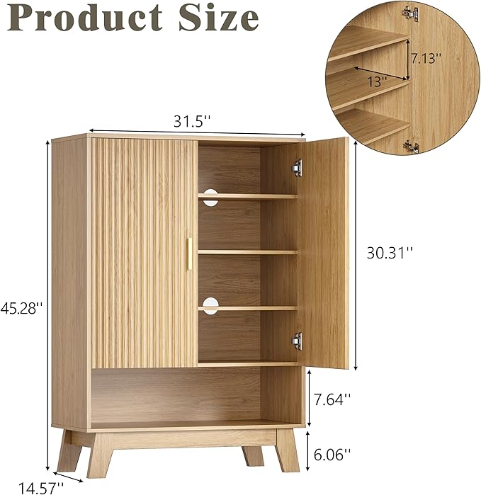 Shoe Cabinet Storage for Entryway, 5 Tier Fluted Shoe Storage Cabinet with Wooden Legs, Narrow Hidden Shoe Organizer with Adjustable Shelves, Freestanding Shoe Rack for Entryway, Hallway, Oak