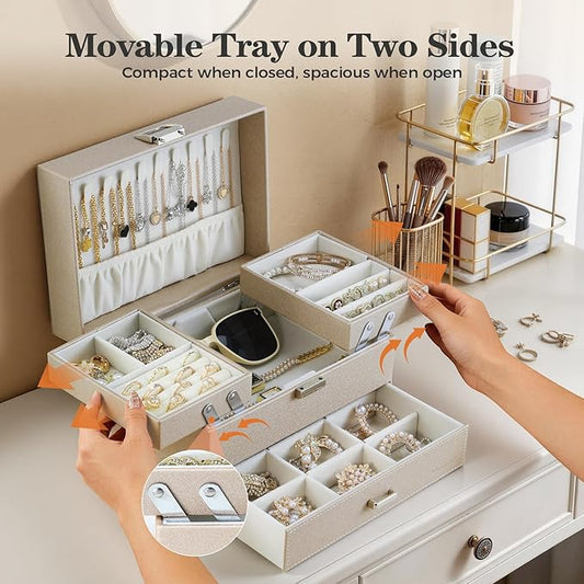 Dajasan Jewelry Organizer Box, Large Jewelry Boxes for Women Girls, Space-Saving 3 Layers Jewelry Storage Case with Drawer, Movable Metal Stand, Modern, Gift Idea (Champagne)