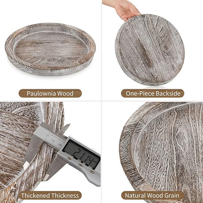 Hanobe Candle Plate Holder Tray: Round Wood Decorative Candle Plate - Rustic Farmhouse CoffeeTable Decor - Tealight Pillar Trays for Home Decor (Whitewash)