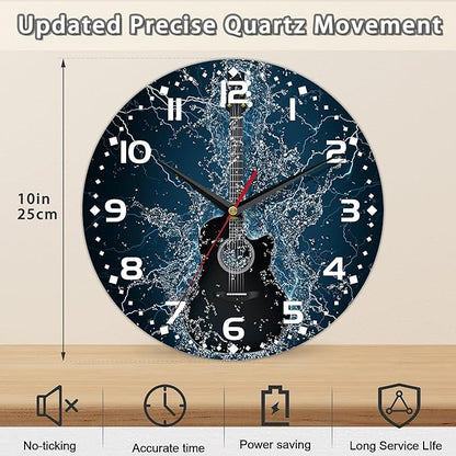 Electric Guitar Wall Clock - 10 Inch Wooden Art Hanging Clock, Silent Non-Ticking, Battery Operated, Round Home Arabic Numeral Decorative