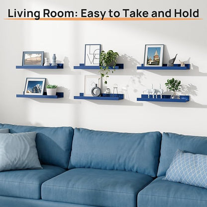 upsimples Floating Shelves for Wall, Wall Shelves for Decor Storage Set of 6, Wall Mounted Wood Shelf for Bedroom, Living Room, Bathroom, Kitchen, 15.7 inch Long Picture Ledge Shelf, Navy Blue