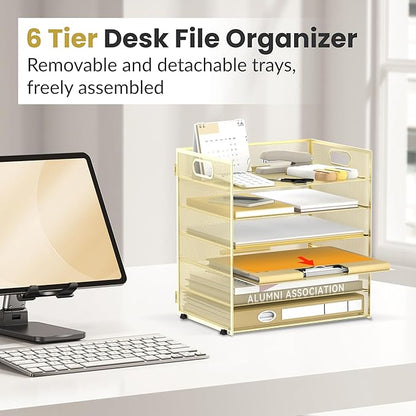 Daltack 6 Tier Paper Organizer for Desk, Paper Letter Tray Organizer for Desks, Mesh Desk File Organizers with Handle for Office, Home, School, Gold