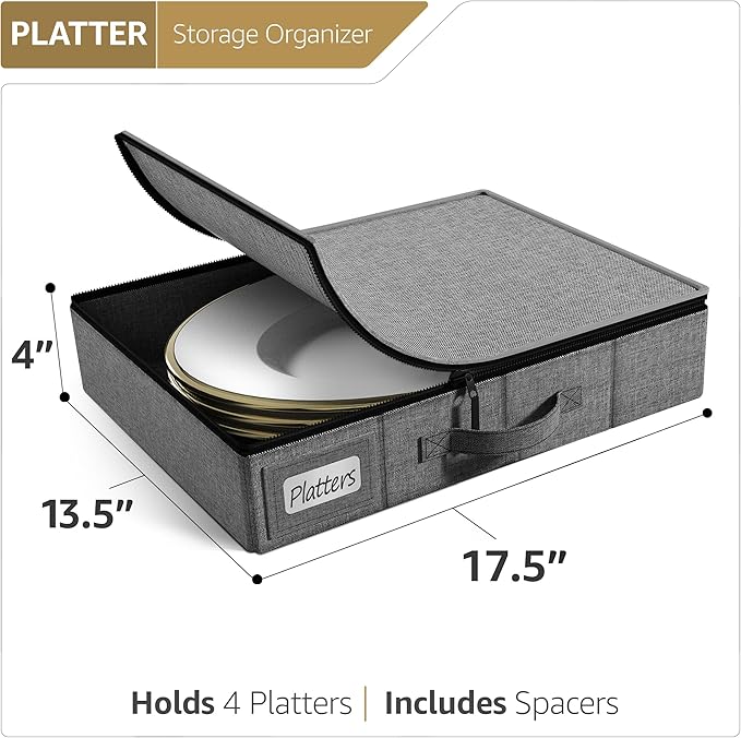 Sorbus China Storage Containers - Hard Shell, Handles & Felt Dividers - Serving Platter Storage Rack & Organizer - Christmas Platter Storage