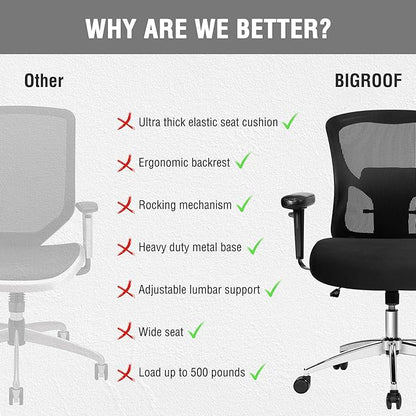 Bigroof Big and Tall Office Chair 600lbs, Heavy Duty Ergonomic Mesh Chair, Computer Executive Desk Chair with Wide Thick Seat, Adjustable Armrests, Lumbar Support