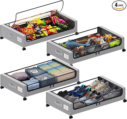Tututry Under Bed Storage with Wheels, XXL 60L Under the Bed Storage Bins, Underbed Storage Containers with Lids & Label, Rolling Metal Drawer for Shoes, Clothes, Books, Toys (4-Pack Gray)