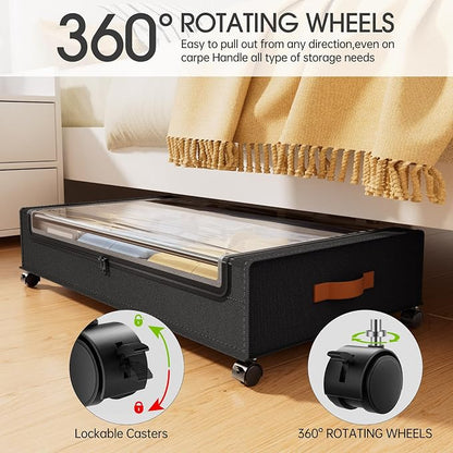 Yecaye 60 L Under Bed Storage with Wheels, 2 Pack Under Bed Storage Containers, Underbed Shoe Storage with Clear Window & Label, Rolling Under Bed Metal Drawer for Clothes, Shoes, Books, Black