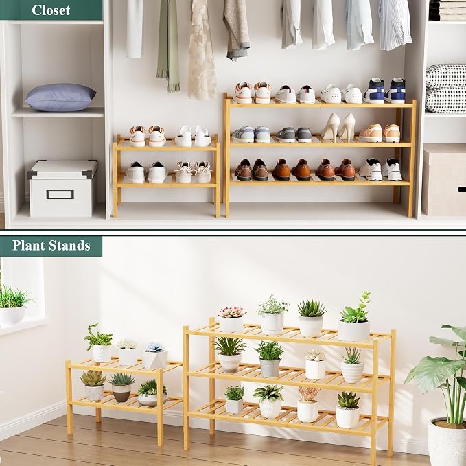 Smiry Small Bamboo Shoe Rack, 2 Tier Free Standing Wooden Shoe Organizer, Stackable Wood Shoe Storage Shelf for Closet, Entryway, 12 Vertical Slats, One-piece Standard Legs, 17.3"x11"x13", Natural