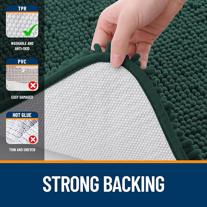 OLANLY Bathroom Runner Rugs 44x24, Soft Absorbent Chenille Bath Rugs, Rubber Backing Quick Dry, Machine Washable Long Bath Mats for Bathroom, Tub and Shower, Home Decor Accessories, Blackish Green