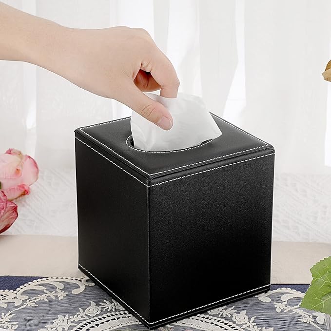Sumnacon Square Leather Tissue Box Cover - Stylish Cube Tissue Box Holder with Magnetic Bottom, Decorative PU Tissue Box for Vanity Dresser Night Stand Table Countertop Home Office Car, Black