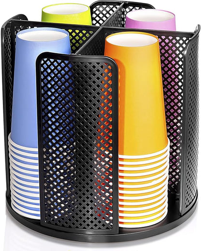 Rotating Paper Cup Dispenser, Cup Holder with 4 Compartments, Disposable Coffee Cup Dispenser Removable, Plastic Cup Storage & Lid Holder for Countertops, Kitchen, Coffee Stations (Black)