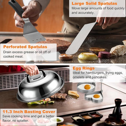 grilljoy Professional Griddle Accessories Kit Set with Smash Burger Press - Extra Thick Grill Spatula, Turner, Flipper - 38PCS Flat Top Grill Tools Kit for Outdoor Barbecue Teppanyaki Camping Cooking