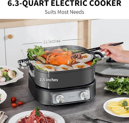 6-Quart Electric Skillet with Grill | Non-Stick PFOA-Free Ceramic-Coated Pot, 1600W, Timer & 3 Power Settings for Steak, Egg, Ramen (Includes Tongs) Pot & Grill