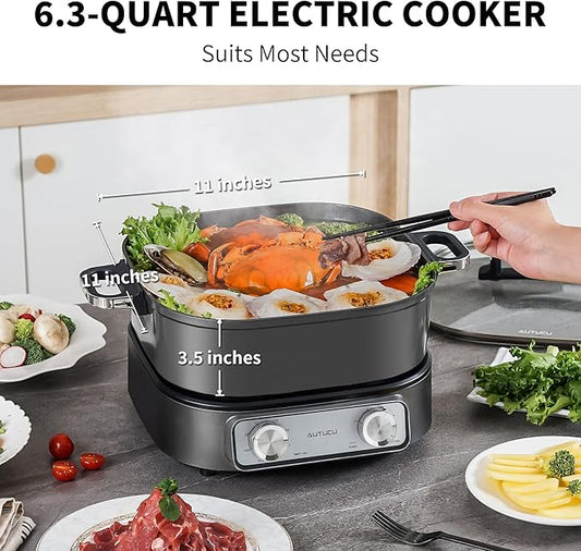 6-Quart Electric Skillet with Grill | Non-Stick PFOA-Free Ceramic-Coated Pot, 1600W, Timer & 3 Power Settings for Steak, Egg, Ramen (Includes Tongs) Pot & Grill