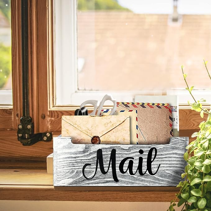 Mail Organizer Holder Countertop, Rustic Wood Mail Basket Storage Tray Letter Holder for Office Desk Wall Mount - Grey