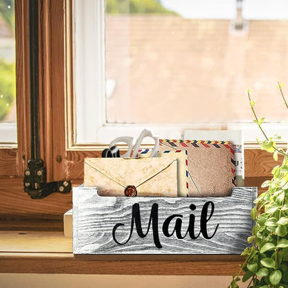 Mail Organizer Holder Countertop, Rustic Wood Mail Basket Storage Tray Letter Holder for Office Desk Wall Mount - Grey