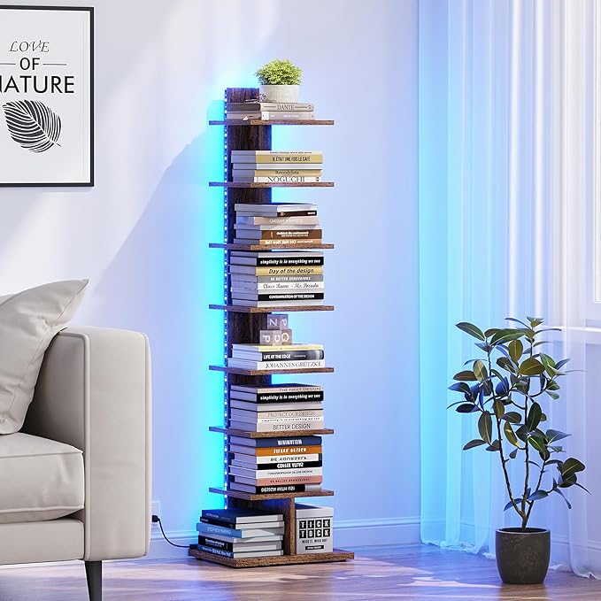TUTOTAK Narrow Bookshelf, 8-Tier Bookcase with LED Lights, Spine Book Shelf for Small Space, Corner Standing Shelf for Living Room, Office, Study, Entryway, Rustic Brown BS06BB008L