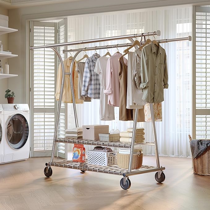 Raybee 78" W Heavy Duty Clothes Rack Loads 630 LBS, Double Rods Clothing Racks for Hanging 450+ Clothes, Clothing Rack with Wheels, Portable Commercial Garment Rack, Chrome