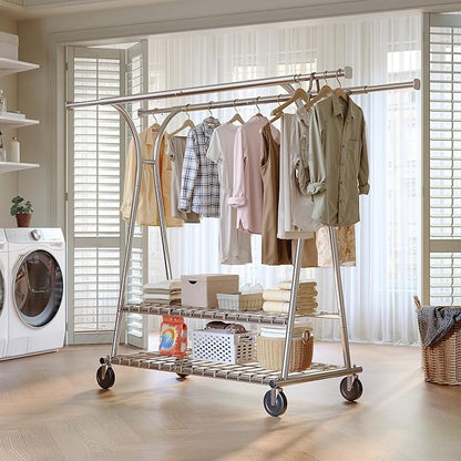 Raybee 78" W Heavy Duty Clothes Rack Loads 630 LBS, Double Rods Clothing Racks for Hanging 450+ Clothes, Clothing Rack with Wheels, Portable Commercial Garment Rack, Chrome