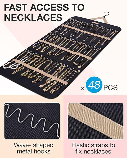 BAGSMART Hanging Jewelry Organizer Storage Roll with Hanger Metal Hooks Double-Sided Jewelry Holder for Earrings, Necklaces, Rings on Closet, Wall, Door, 1 piece, Extra Large, Black