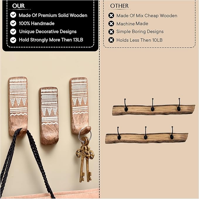 Indian Shelf Boho Decorative Wood Adhesive Wall Hooks for Hanging Coats, Keys, Leash, Hat, Towel Holder, Cute Sticky Key Holder, White Brown Western Wall Décor (6 Hooks 12 Strip)