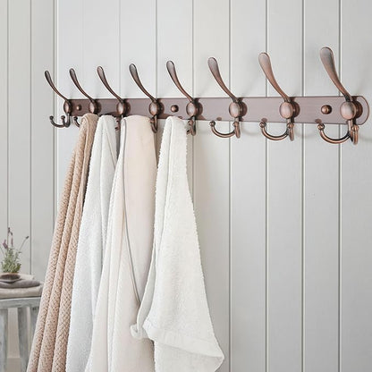 Dseap Coat Rack Wall Mount - 29.5” Long 8-Tri-Hooks Heavy Duty Coat Hanger Rail Wall Hooks for Hanging Coats Hats Clothing Clothes Purse Mudroom Entryway, Red Antique Copper