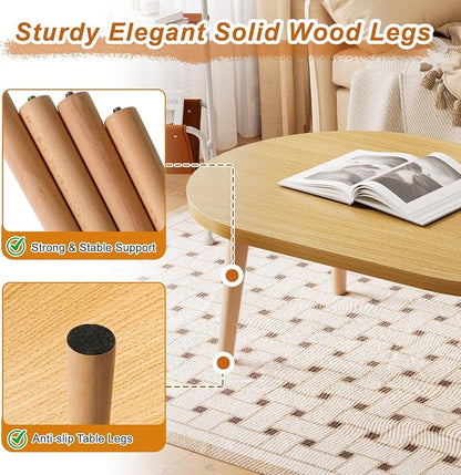 Coffee Table Low Table with Solid Wood Legs, 31.5x19.7" Large Coffee Table Side Table, Floor Table Desk for Sitting on The Floor, Living Room Furniture for Office Apartment Home, Oval Natural