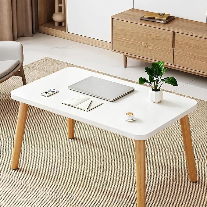 Square Coffee Table Low Table with 4 Solid Wood Sturdy Legs,Floor Table Desk for Sitting on The Floor,19.7"D x 31.5"W x 16"H Inches,Living Room/Toy room Furniture,Rental house Furniture (White-Square)