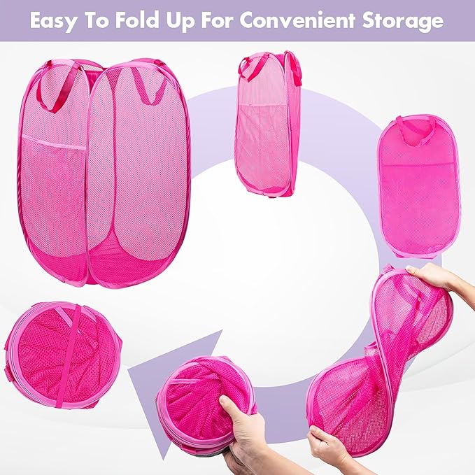 DUCOO Pop Up Laundry Hamper, 70L Collapsible Mesh Laundry Basket with Side Pocket, Foldable Dirty Clothes Hamper with Sturdy Reinforced Handles for Home Dorm Bedroom Travel Bathroom Storage, Pink