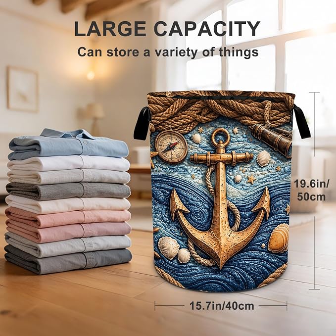 Nautical Laundry Basket Waterproof Laundry Hamper Foldable Laundry Bag with Handles for Bedroom, Bathroom, Office, Clothes Storage