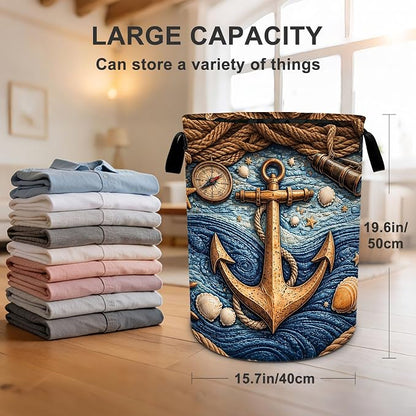 Nautical Laundry Basket Waterproof Laundry Hamper Foldable Laundry Bag with Handles for Bedroom, Bathroom, Office, Clothes Storage