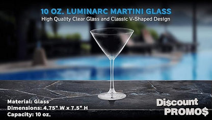 DISCOUNT PROMOS Martini Glasses by ARC 10 oz. Set of 10, Bulk Pack - Perfect for Hotel, Bar, Restaurant or Lounge - Clear