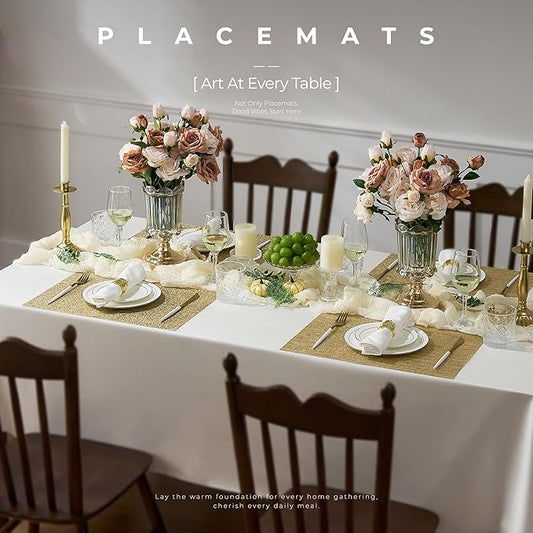 Leetaltree Gold Placemats Set of 12 - Heat Resistant Non-Slip Place mats for Dining Table, Washable Durable PVC Vinyl Woven Table Mats(Luxury Gold, 12)